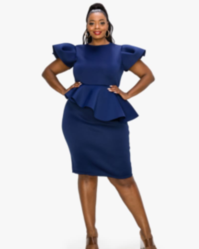 Front of a model wearing a size 2X Calista Peplum Dress in Navy by L I V D. | dia_product_style_image_id:240728